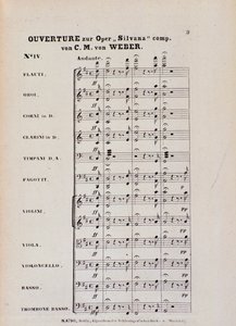 Første side av ouvertyren til operaen "Silvana" av Karl Maria von Weber (litho) av Italian School