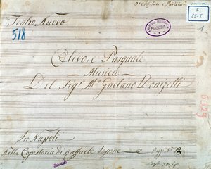 Første side med partitur fra operaen "Olivo e Pasquale", av Gaetano Donizetti (blekk på papir) av Italian School