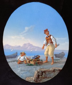 Fisker på stranden, med øya Capri i bakgrunnen av Italian School