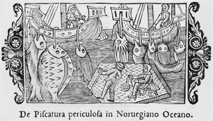 Fiske i Norskehavet, illustrasjon fra History of the Northern Nations av Olaus Magnus (1490-1558), publisert i Roma, 1555 av Italian School