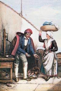 Fiskehandler og bonde, illustrasjon fra Costumes of Istria, Italia av Italian School