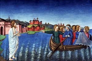 Fol.134r Disiplene fisker i Galileasjøen (vellum) av Italian School