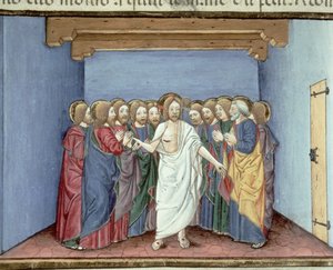Fol.135v Jesus viser seg for disiplene samlet under ett tak i frykt for dommerne (vellum) av Italian School