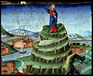 Fol.84r Djevelen frister Kristus for andre gang på fjellet (vellum) av Italian School
