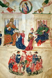 Stiftelsen av universitetet i Bologna av keiser Theodosius II (408-450) og privilegiene gitt av pave Paul II (1417-71) (vellum) av Italian School