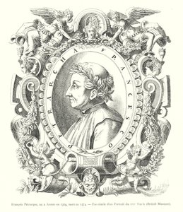 Francois Petrarque, født i Arezzo i 1304, død i 1374, faksimile av et 1500-tallsportrett, British Museum (gravering) av Italian School