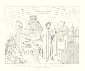 Fresco ved døren til Servi av Santa Croce, Allegorisk maleri, Dante, Firenze og de syv sirkler, av Domenico di Michelino (gravering) av Italian School
