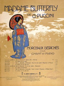 Forsiden av et partiturark for utdrag fra «Madame Butterfly» av Giacomo Puccini (1858–1924) 1906 (fargelitografi) av Italian School