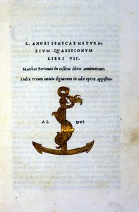 Frontispice av "Natural Questions Book VII" eller "Natural Questions Book VII" av Seneque the Philosopher eller Lucius Annaeus Seneca (2 f.Kr. - 65 AD). JC), trykt i 1503 av Aldo Manuzio (Alde Manonce) (1450 - 1515), venetiansk lærd og skriver. av Italian School