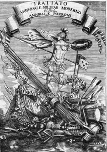 Frontispice av "Modern Universal Military Treaty" "(Modern Universal Military Treaty) av 1676 av Italian School