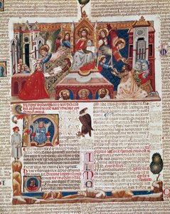 Forside av manuskriptet til "Decret de Gratien" ("Concordia discordantiorum canonum" eller "Decretum Gratiani") dateres fra 1140 og regulerer lovene og kanonene til den romersk-katolske kirke. Siena fra 1300-tallet, Biblioteca degli Intronati av Italian School