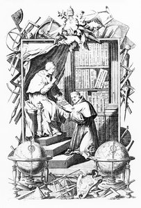 Frontispice for Sacred-Profane Universal Library, Vol. 1 av Vincenzo Coronelli, trykk laget av Alessandro dalla Via, utgitt 1701 av Italian School