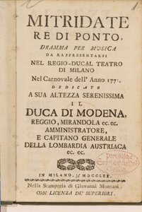 Frontispice fra en tidlig kopi av Mitridate, re di Ponte, en opera av Wolfgang Amadeus Mozart, 1770 av Italian School