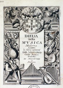 Frontispice of Defense of moderne musikk: mot den falske oppfatningen til biskop Cirillo Franco, av kong James IV av Portugal av Italian School