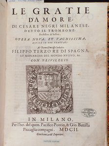 Frontispice av Le Gratie dAmore (Le Grazie dAmore) av den italienske danseren Cesare Negri kalt Il Trombone (1536-1604), traktat om dans av Italian School