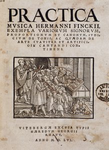 Frontispice of Practica musica av Hermann Finck (1527-1558), tysk komponist og musikkteoretiker av Italian School