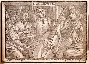 Frontispice av Regola Rubertina-avhandling om viola da gamba av Silvestro Ganassi fra Fontego av Italian School