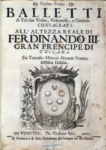 Frontispice av musikalsk partitur av Balletti a tre, opera III av Tomaso Albinoni (1671-1750) av Italian School