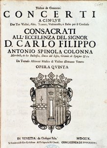 Frontispice av musikalsk partitur av "Concerti a cinque, opera 5" av Tomaso Albinoni av Italian School