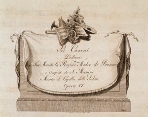 Frontispice av musikalsk partitur av Sei canoni av den italienske komponisten Natale Mussini (1765-1837) dedikert til dronningen av Preussen av Italian School