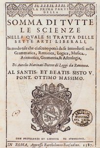 Frontispice hentet fra Sum of all sciences, essay om liberal arts, av Aurelio Marinati av Italian School