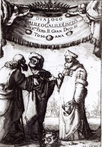 Frontispice to Dialogue on the to greatest systems of the world av Galileo, utgitt i 1632 av Italian School