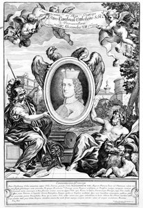 Frontispice til den gamle buen til Augustus med et portrett av kardinal Pietro Ottoboni, gravert av Robert van Audenaerde, 1690 av Italian School
