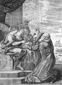 Galileo, astronom (1564 - 1642) presenterer teleskopet til de tre nådene. Med høyre hånd indikerer han planeten Jupiter med satellittene sine oppdaget av ham selv og dedikert til Medici-familien. Frontispice de “”Opere di Galileo”” Bologna av Italian School