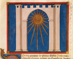 Gateway of the Sun, miniatyr fra Register of Notaries from Perugia, manuskript, Italia 14. århundre. av Italian School