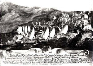 General Francisco Morosini (1618-94) og den venetianske flåten i et møte med den tyrkiske flåten utenfor kysten av Kreta, mai 1661 av Italian School