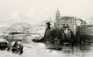 Genova marinavegg med Villa Doria Pamphili i bakgrunnen, gravering, ca 1850, Italia av Italian School