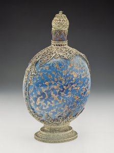 Forgylt blå kolbe med filigranfeste, venetiansk (blåst glass og sølv)