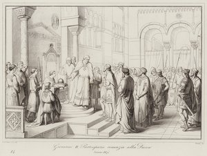 Giovanni II Partecipazio gir avkall på hertugdømmet, 887 (gravering) av Italian School