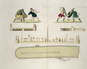 Gladiatorer og en plan for sirkuset i Caracalla, plate 23A, klasse 5 fra del I av The History of the Nations, gravert av A. Nani (akvatint) av Italian School