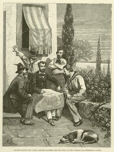 De italienske eksilene, blant hvilke flaggbrødrene, som på øya Korfu studerer en ekspedisjon til hjemlandet (gravering) av Italian School