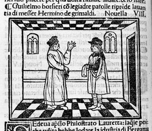 Grimaldis gjerrige Erminio står overfor Guglielmo Borsiere, som prøver å hente penger fra ham med fine ord. Illustrasjon for den nye 61 (Ny 8 av den første dagen) av "Decameron"" av Giovanni Boccaccio dit Jean Boccaccio (1313-1375), italiensk forfatter. En av Italian School