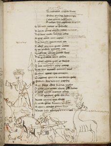 Harley 2453, f.55 En jaktscene med en villsvin, en hjort, jegere, hunder og en hare, fra 'Tragodiae', av Lucius Annaeus Seneca av Italian School