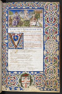 Harley 3567, f.9 Miniature of Petrarch and Laura, med kjærlighet rettet pilen mot Laura, fra 