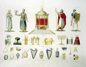 Hebraisk Levi, prest, konge og soldat med hellige møbler og musikkinstrumenter, plate 2, klasse 1 fra del I av The History of the Nations, gravert av Marco Comirati (ca. 1800-69) (akvatint) av Italian School
