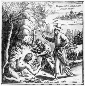 Hippokrates (ca. 460-c.377 f.Kr.) som forklarer viktigheten av smitte i pestepidemien, tittelside fra Hippocratis Opera Quae Extant, pub. i Venezia, 1588 av Italian School