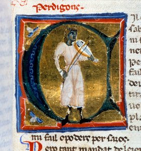 Historikerbrev (bokstav A). Perdigon-trubaduren spiller den gamle mannen. Minatur hentet fra manuskriptet "" Chansonnier provencal"" (Folio 36), skrevet av Perdigon og kopiert av Atelier of Venice-Padua av Italian School