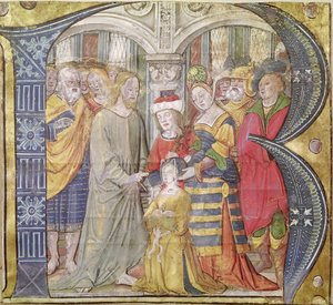 Historikert initial B som viser Kristus som helbreder en besatt kvinne av Italian School