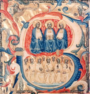 Historikert initial B som viser treenigheten og Kristus omgitt av engler, Bolognese School, ca. 1340-50 av Italian School