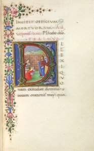 Historikert innledende 'D'(ilexi) av Kristus som oppreiste Lasarus fra de døde, og delvis grense, i begynnelsen av De dødes kontor av Italian School