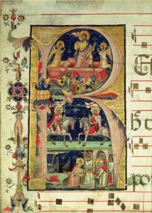 Historikert initial R som viser oppstandelsen, to ridderhelgener og en biskopshelgen som mottar relikvier av Italian School