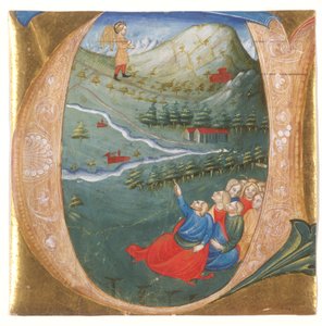 Historiated initial depicting Elisha in the Mantle of Elijah, cutting from an antiphonary, c.1440 (tempera & gold leaf on parchment)   1410184   no       norwegian Successfully Translated  Original: Weibliche Studie zum "Einzug nach dem Pariser Frieden" Tr av Italian School