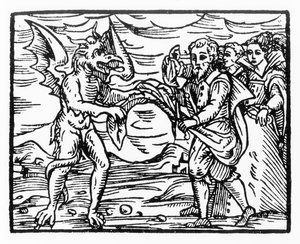 Homage to the Devil, kopi av en illustrasjon fra Compendium Maleticarum av Fr M Guaccius, Milano 1608, brukt i History of Magic, utgitt sent på 1800-tallet av Italian School
