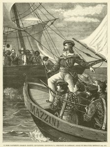 Det første verftet kalt Mazzini, med republikansk flagg, kommandert av Garibaldi, Assale An Imperial Brigantion (gravering) av Italian School