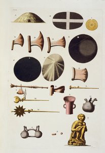 Inkaverktøy og gjenstander, Peru, fra Le Costume Ancien et Moderne, bind II, plate 22, av Jules Ferrario, utgitt ca. 1820-30-tallet av Italian School