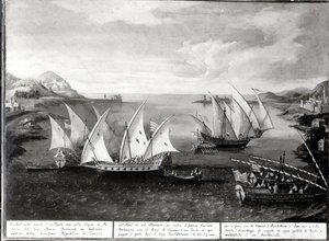 Hendelse utenfor Patras mellom den venetianske kapteinen Ivanovich da Dabrota og den tyrkiske piraten Barbarossa, 17. april 1751 av Italian School